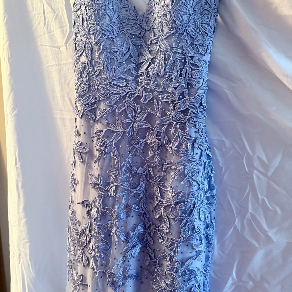 Faviana Periwinkle Lace Appliqué V-Neck Prom Dress - Picture 2 of 5